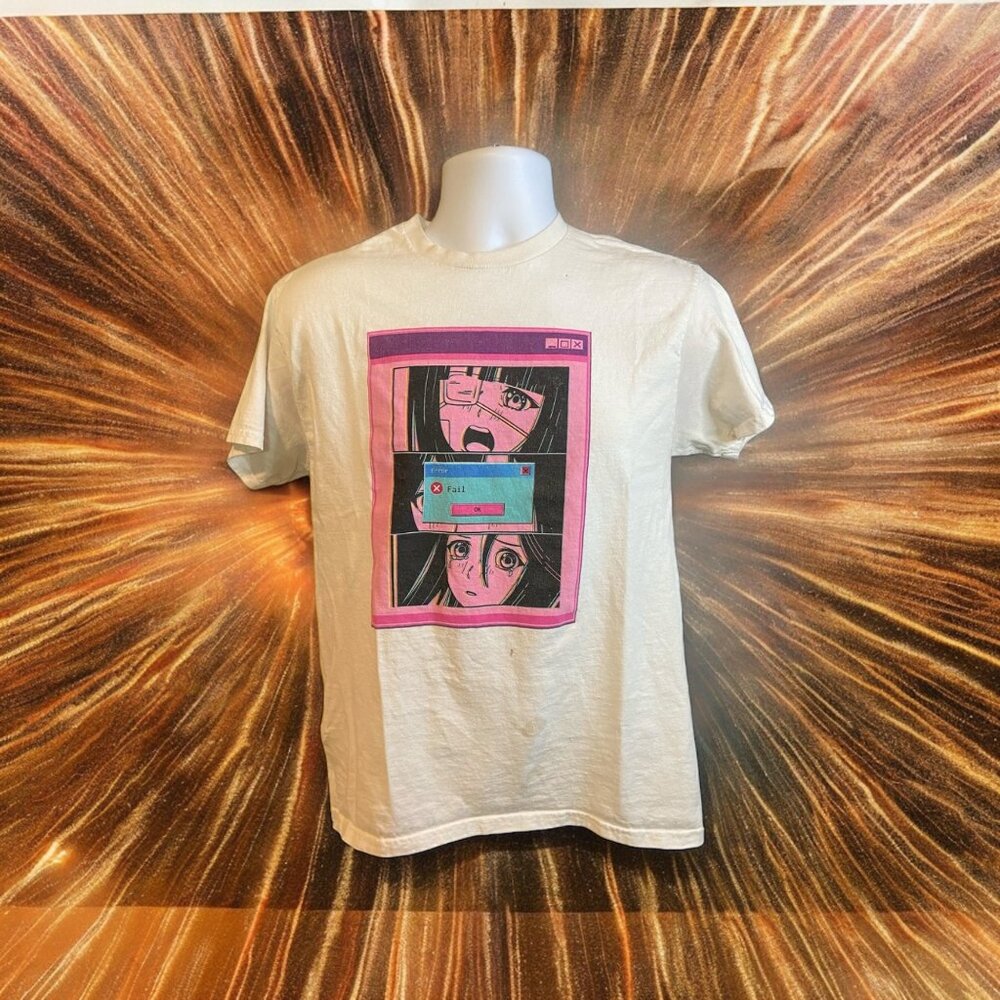 Gildan Unisex Graphic Tee Anime Medium White Pink Retro Pop Style Y2K Streetwear